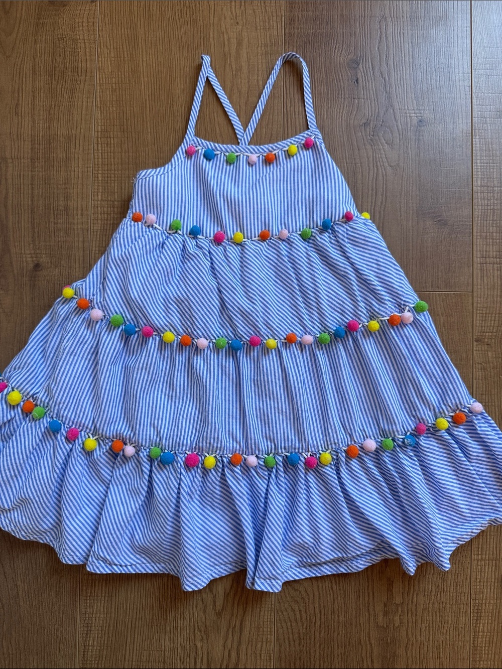 Tommy Bahama Blue & White Striped Pom-Pom Tiered Sundress